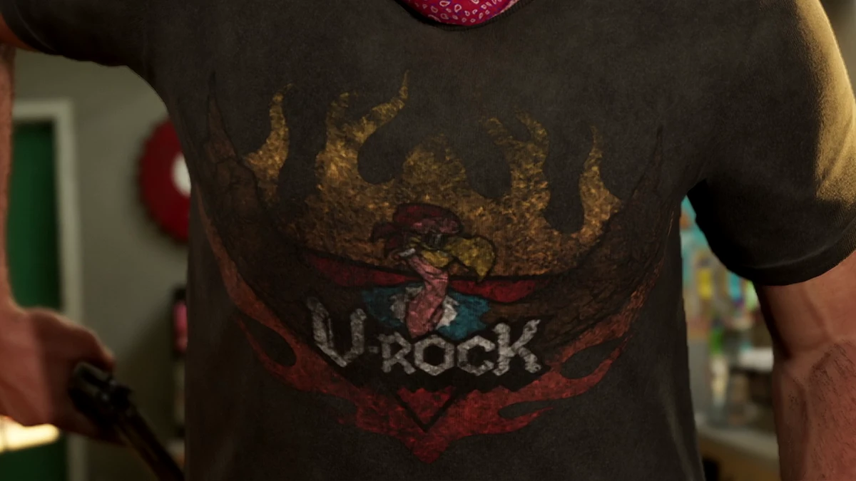 Jason Duval usando camiseta da rádio V-Rock com logo atualizado no site oficial de GTA 6.